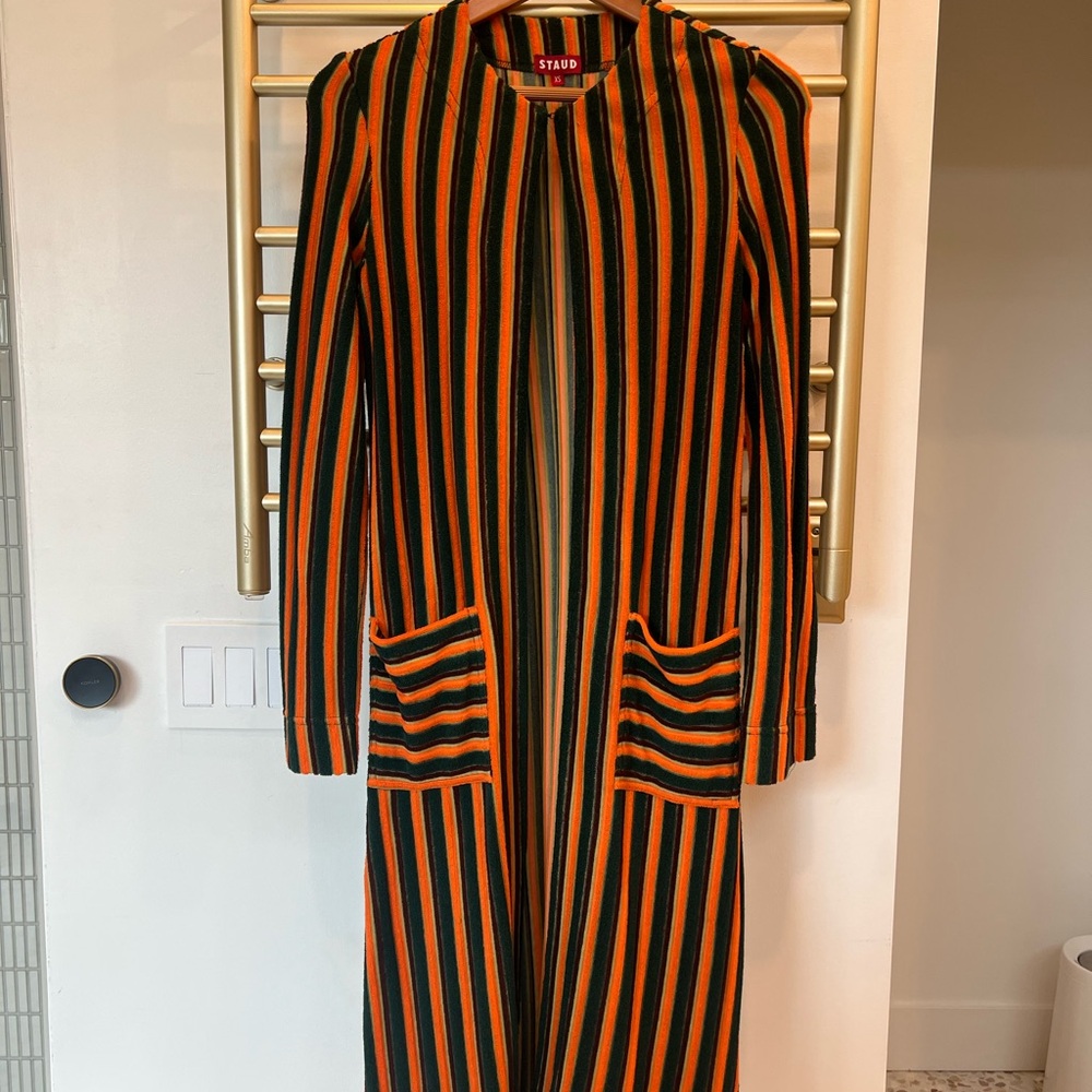 STAUD Vibrant Orange and Black Striped Cape